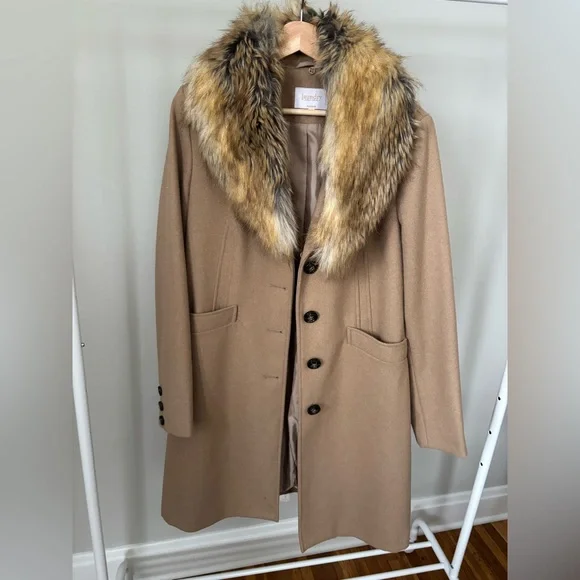 Laundry Camel Wool Blend long coat w/ detachable faux fur collar Sz Large - Picture 1 of 7
